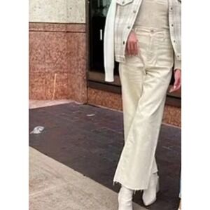 Zara Every Patch Pocket High Rise Frayed Hem 10" Wide Leg‎ Jeans Ivory Boho 2